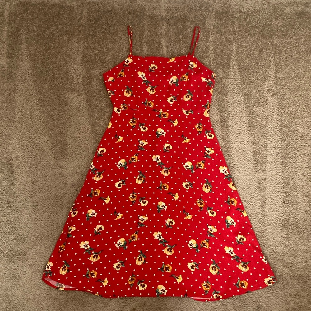 Forever 21 red w/ yellow floral & white dots details midi summer dress, medium